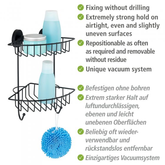 Vacuum-Loc® Eckregal 2 Etagen Mod. Bari Schwarz, Befestigen ohne bohren 