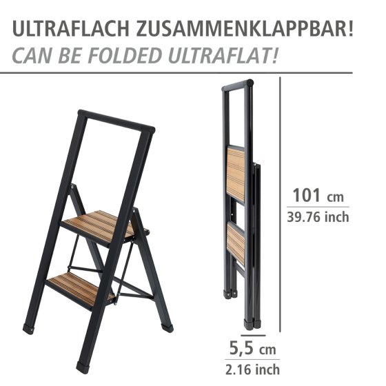 Alu-Design Klapptrittleiter 2-stufig Schwarz, rutschsichere XXL-Stufen 