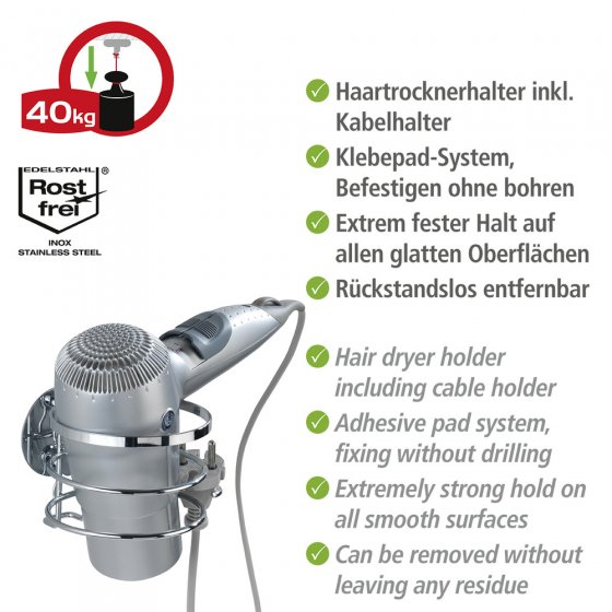 Turbo-Loc® Edelstahl Haartrocknerhalter, rostfrei, Befestigen ohne bohren 