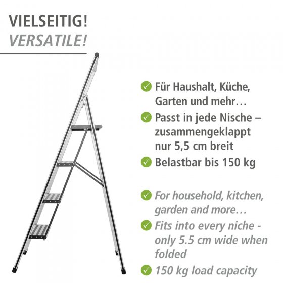 Alu-Design Klapptrittleiter 4-stufig Silber, rutschsichere XXL-Stufen