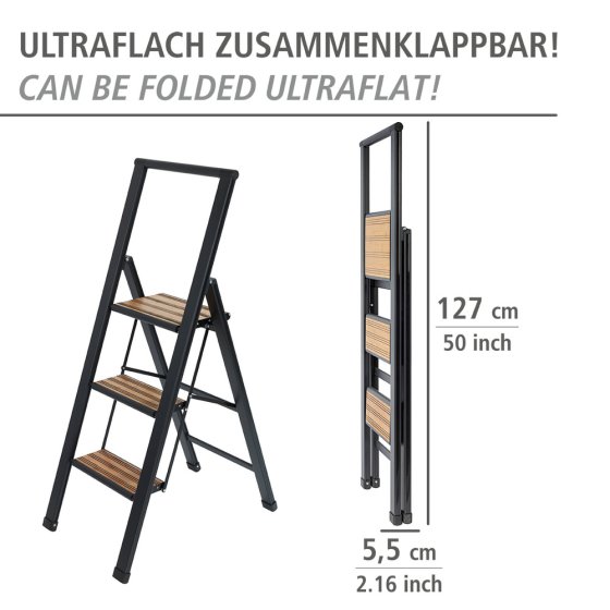 Alu-Design Klapptrittleiter 3-stufig Schwarz, rutschsichere XXL-Stufen 