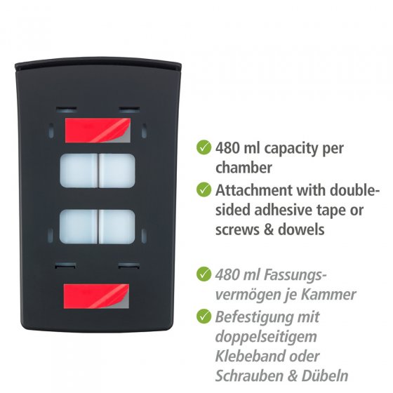 2-Kammer Desinfektionsmittel- und Seifenspender Mod. Tartas Schwarz, Füllmenge je Kammer: 480 ml 