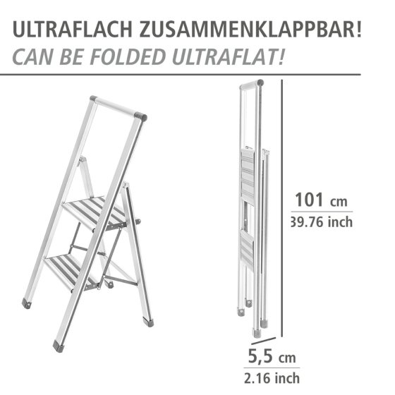 Alu-Design Klapptrittleiter 2-stufig Weiß, rutschsichere XXL-Stufen 