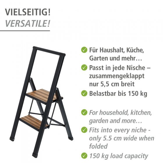 Alu-Design Klapptrittleiter 2-stufig Schwarz, rutschsichere XXL-Stufen 
