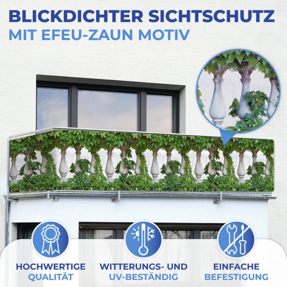 Balkon-Sichtschutz naturfrohem Efeu-Motiv, 5 m, reißfester Sichtschutz mit Efeu-Motiv 