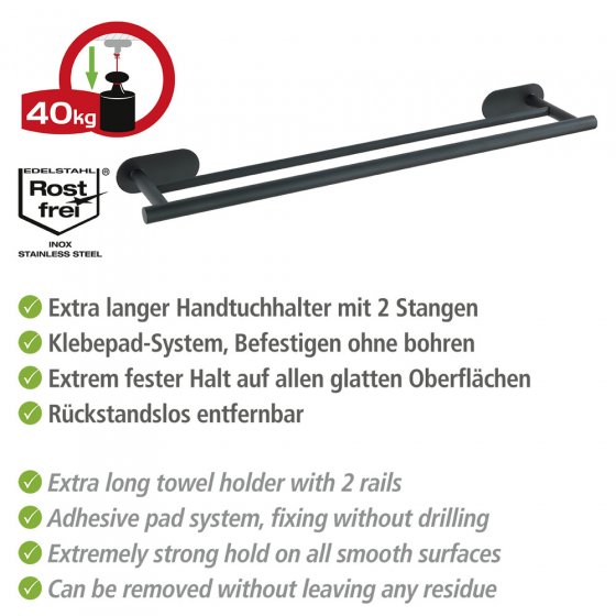 Turbo-Loc® Badetuchstange Duo Mod. Orea Black Matt, 60 cm, Befestigen ohne bohren 