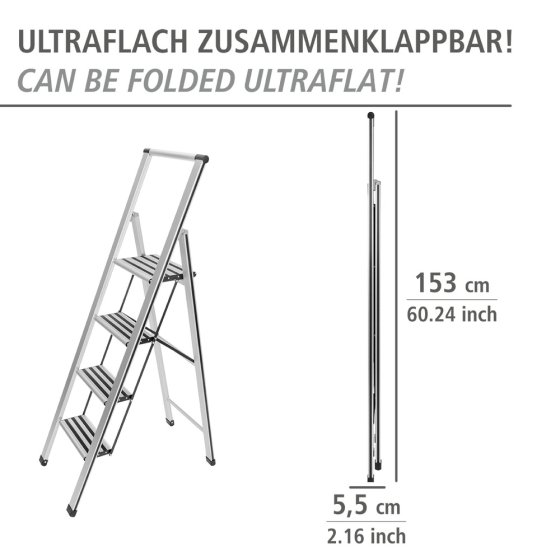 Alu-Design Klapptrittleiter 4-stufig Silber, rutschsichere XXL-Stufen 