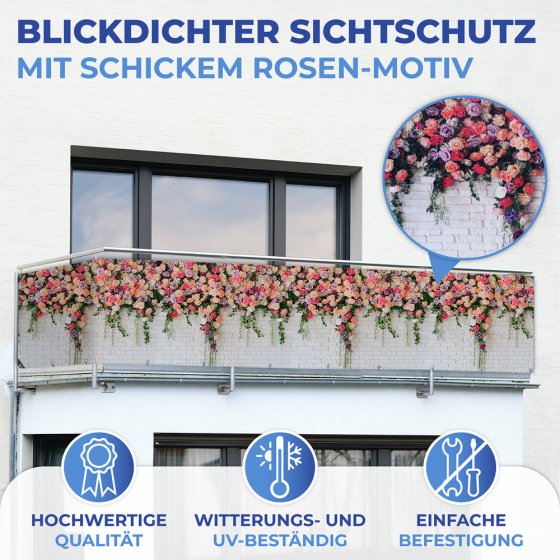 Balkon-Sichtschutz Rosen, 5 m, UV- und witterungsbeständig 