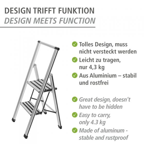 Alu-Design Klapptrittleiter 2-stufig Silber, rutschsichere XXL-Stufen