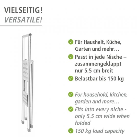 Alu-Design Klapptrittleiter 2-stufig Weiß, rutschsichere XXL-Stufen