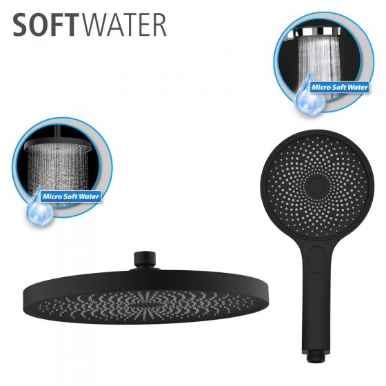 Duschsystem Softwater Schwarz, einfacher Anschluss an bestehende Armatur oder Wandanschlussbogen 