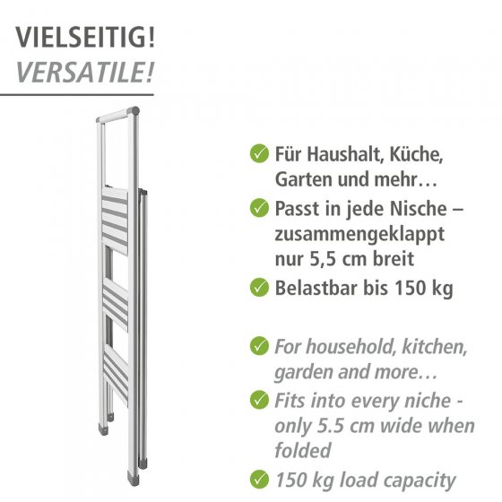 Alu-Design Klapptrittleiter 3-stufig Weiß, rutschsichere XXL-Stufen 