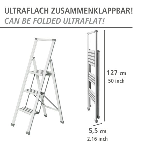 Alu-Design Klapptrittleiter 3-stufig Weiß, rutschsichere XXL-Stufen 