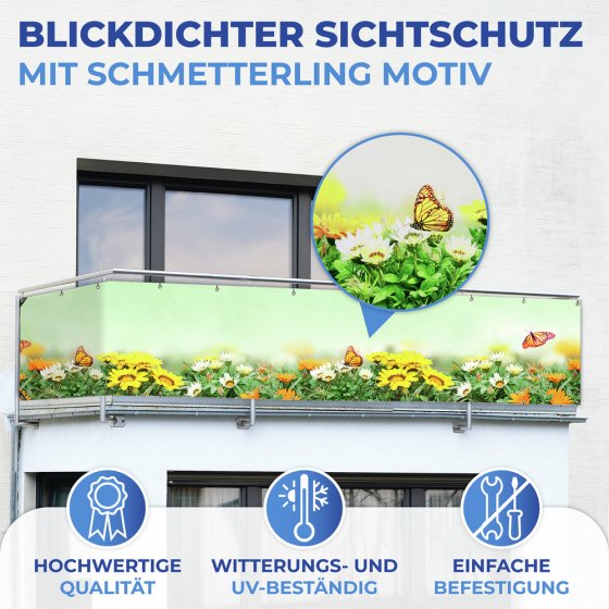 Balkon-Sichtschutz mit Schmetterlings-Motiv, 5 m, reißfester Sichtschutz mit Schmetterlings-Motiv 