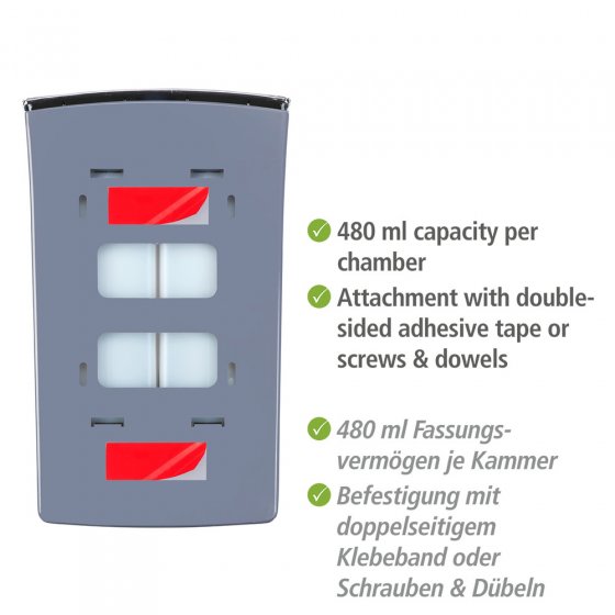2-Kammer Desinfektionsmittel- und Seifenspender Mod. Tartas Chrom, Füllmenge je Kammer: 480 ml