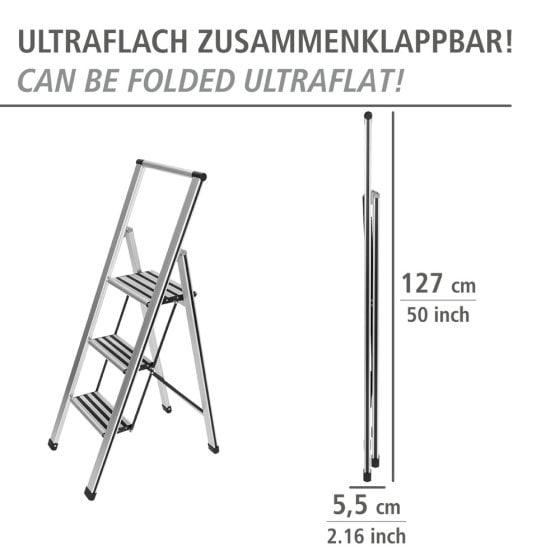 Alu-Design Klapptrittleiter 3-stufig Silber, rutschsichere XXL-Stufen 