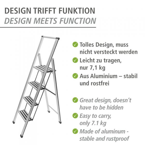 Alu-Design Klapptrittleiter 4-stufig Silber, rutschsichere XXL-Stufen