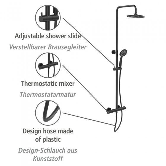 Duschsystem Mod. Young Eco mit Thermostat-Armatur Schwarz, inkl. 2 Watersaving Regulatoren 