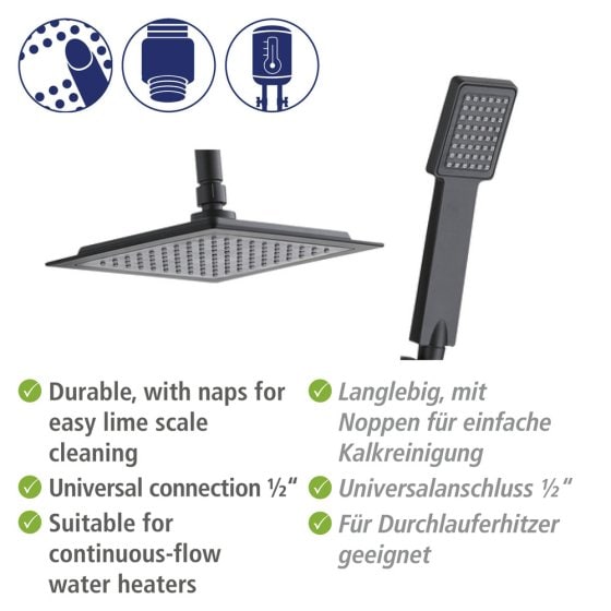 Duschsystem Mod. Quadro Schwarz matt, mit Regendusche und Handbrause 