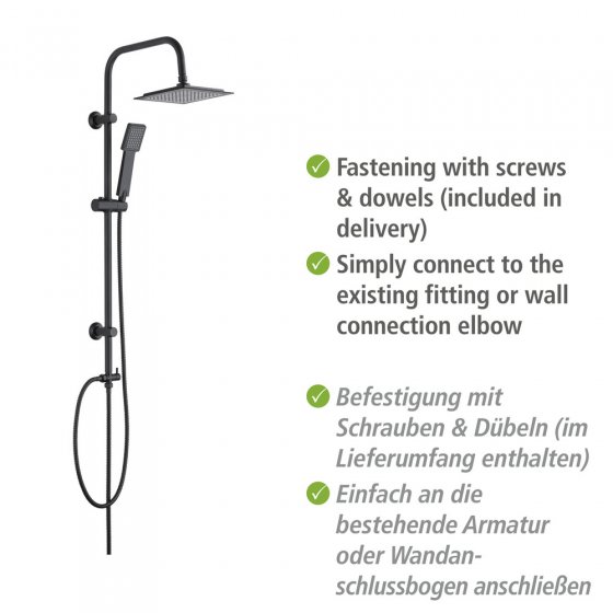 Duschsystem Mod. Quadro Schwarz matt, mit Regendusche und Handbrause 