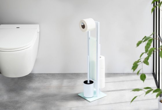 Stand WC-Garnitur Mod. Rivalta Weiß, integrierter Toilettenpapierhalter und WC-Bürstenhalter