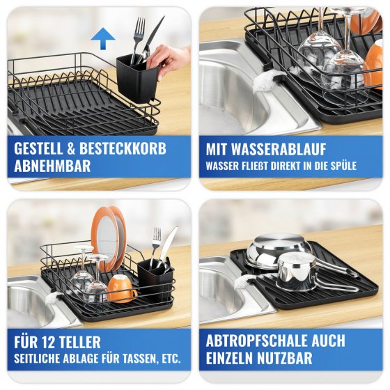 Geschirrabtropfer Schwarz 3-teilig , abnehmbare Sortierelemente