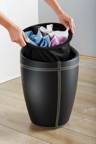Hocker Mod. Candy Black in Lederoptik, mit Wäschesack, mit abnehmbarem Wäschesammler
