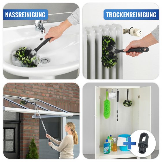 Eck-Staubbürste mit Knickgelenk und Teleskop-Stiel, Trocken-, und Nassreinigung 