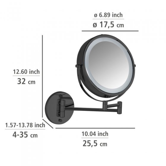 Power-Loc® LED Wandspiegel Mod. Lumi Schwarz, mit 5-fach Vergrößerung 