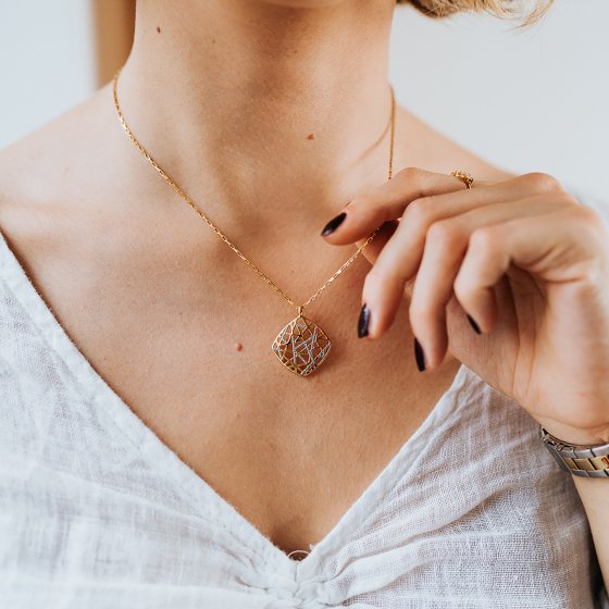 Anhänger mit Kette 925/- Sterling Silber vergoldet teils rhodiniert Viereck 