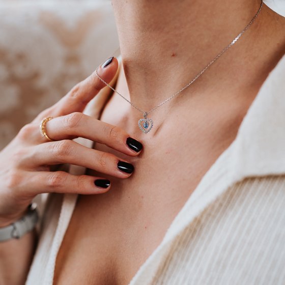 Anhänger mit Kette 925 Silber rhodiniert Herz Zirkonia weiß blau 
