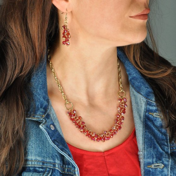 Schmuckset Set aus Collier und Ohrhaken in goldfarben rote Glassteine 