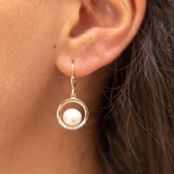 Ohrringe Gold 375 Perle weiß 8-8,5mm Zirkonia weiß 