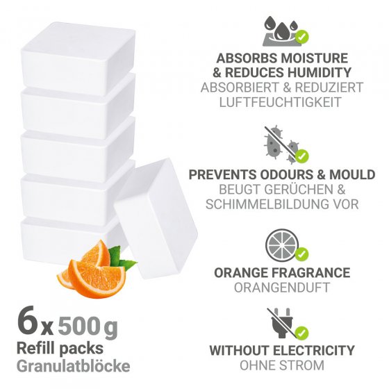 Raumentfeuchter Mod. Cube Nachfüller 500 g mit Orangenduft, 6er, Luftentfeuchter Nachfüllpack