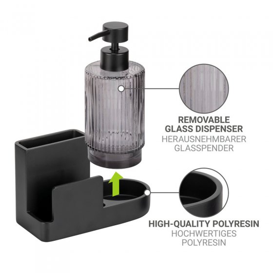 Spülorganizer Mod. Pina, schwarz, Kunststoff, Polyresin, Glas, 16x17x7,5 cm, herausnehmbarer Glasspender inklusive 