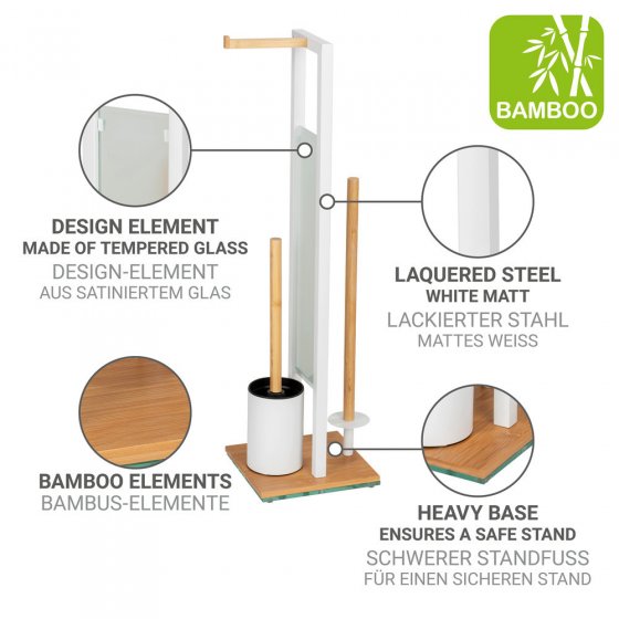 Stand WC-Garnitur Mod. Rivalta, bambus/weiß, Sicherheitsglas, 18x70x23 cm, mit Toilettenpapierhalter und Ersatzrollenhalter 