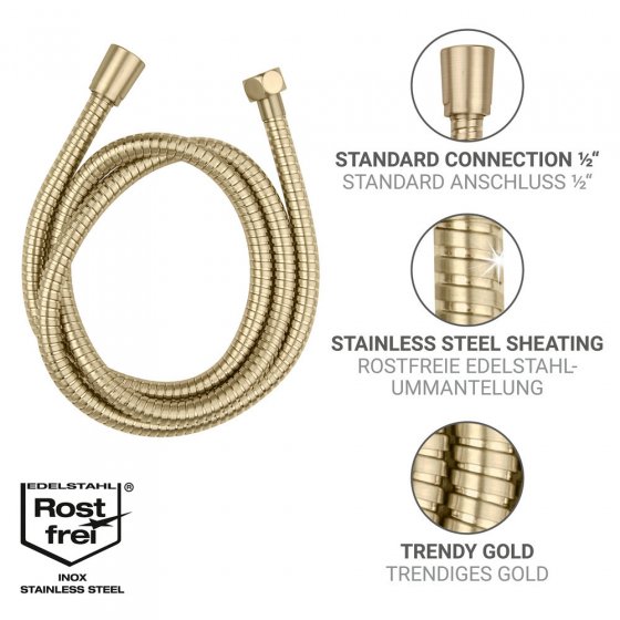 Edelstahl Duschschlauch Mod. Brass 150 cm Gold, 1/2" Standardanschluss, Verdrehschutz 