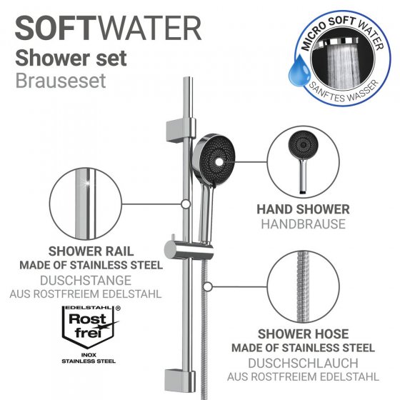Brauseset Mod. Softwater, 70 cm, chrom, Edelstahl, mikrotropfen-technologie für sanftes duschen 
