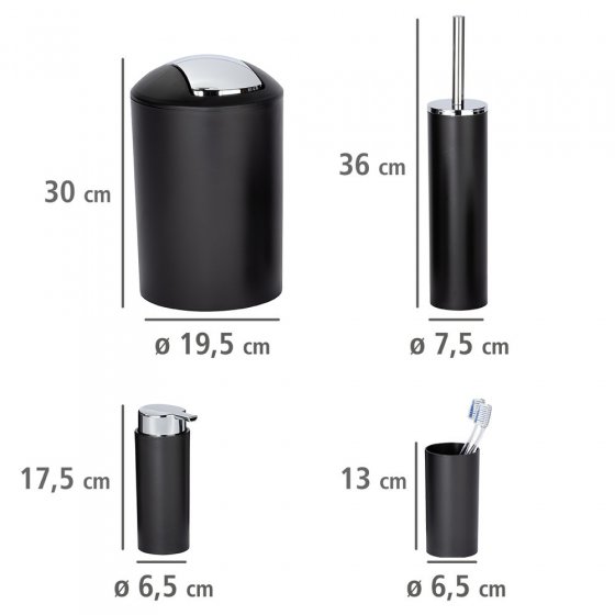 Badezimmer Set Mod. Calvo schwarz matt, 4 tlg., Seifenspender, Zahnputzbecher, Toilettenbürste & Kosmetikeimer 