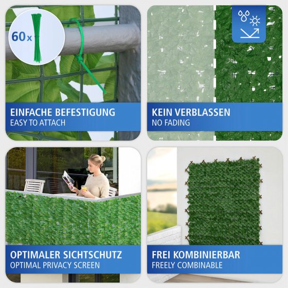 Sichtschutzmatte Efeu 3x1m, grün, Kunststoff, 100x300 cm, pflegeleicht und wetterbeständig 