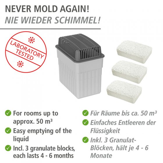 Feuchtigkeitskillerg Grau mit 3 x 2 kg Nachfüller, schützt Räume bis 50 m² 