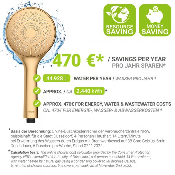 Duschkopf Watersaving Gold matt, Universal-Handbrause, Ø 11 cm, 3 Strahlarten 
