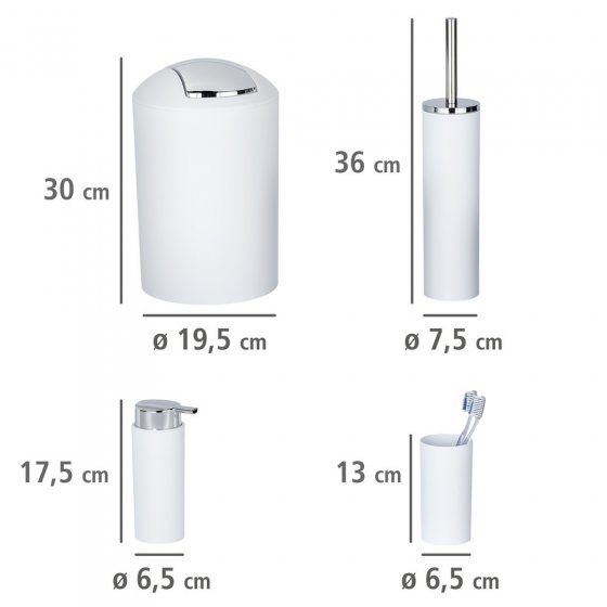 Bad Accessoire Set Mod. Calvo weiß matt, 4 tlg., Seifenspender, Zahnputzbecher, Toilettenbürste & Kosmetikeimer 