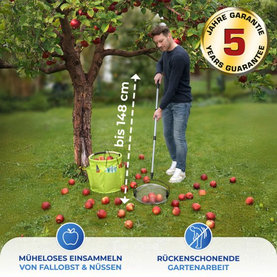 Rollsammler mit Teleskopstiel, schwarz/silber, Edelstahl, 34x83-148x18.5 cm, flexible Edelstahl-Speichen für Obst 