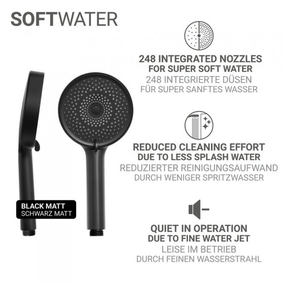 Duschkopf Mod. Softwater Ø12 cm, schwarz, ABS-Kunststoff, 3 Strahlarten, kalkfrei, wassersparend 