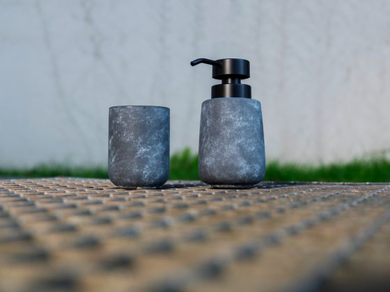 Bad-Accessoire Set Mod. Sacile, grau/schwarz, Keramik/Kunststoff, Ø 9 x 16 cm, für stilvolle Badezimmeroptik 