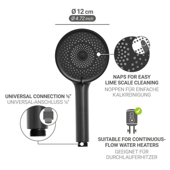 Duschkopf Mod. Softwater Ø12 cm, schwarz, ABS-Kunststoff, 3 Strahlarten, kalkfrei, wassersparend 