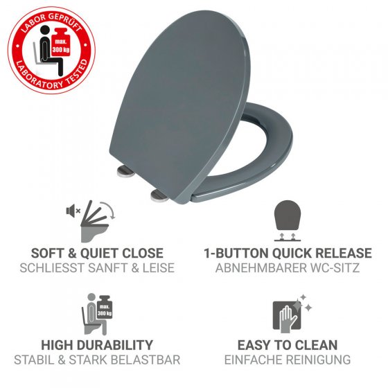 WC-Sitz Mod. Ostuni, grau, Thermoplast, Easy Close, edelstahl, 37x44,5 cm, mit 300 kg belastbar 