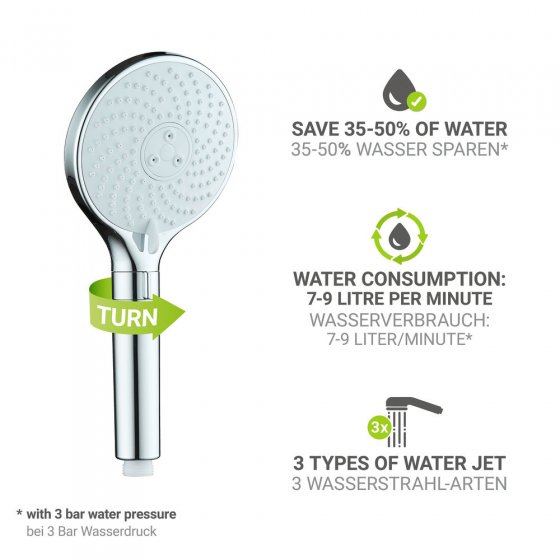 Duschkopf Mod. Water Saving, 12 cm, chrom, ABS, weiß, 3 Funktionen, wassersparend 