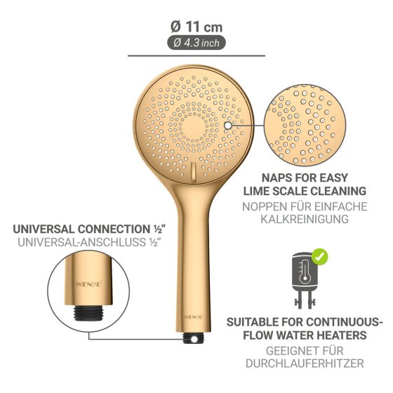 Duschkopf Gold matt, Universal-Handbrause, Ø 11 cm, 3 Strahlarten 